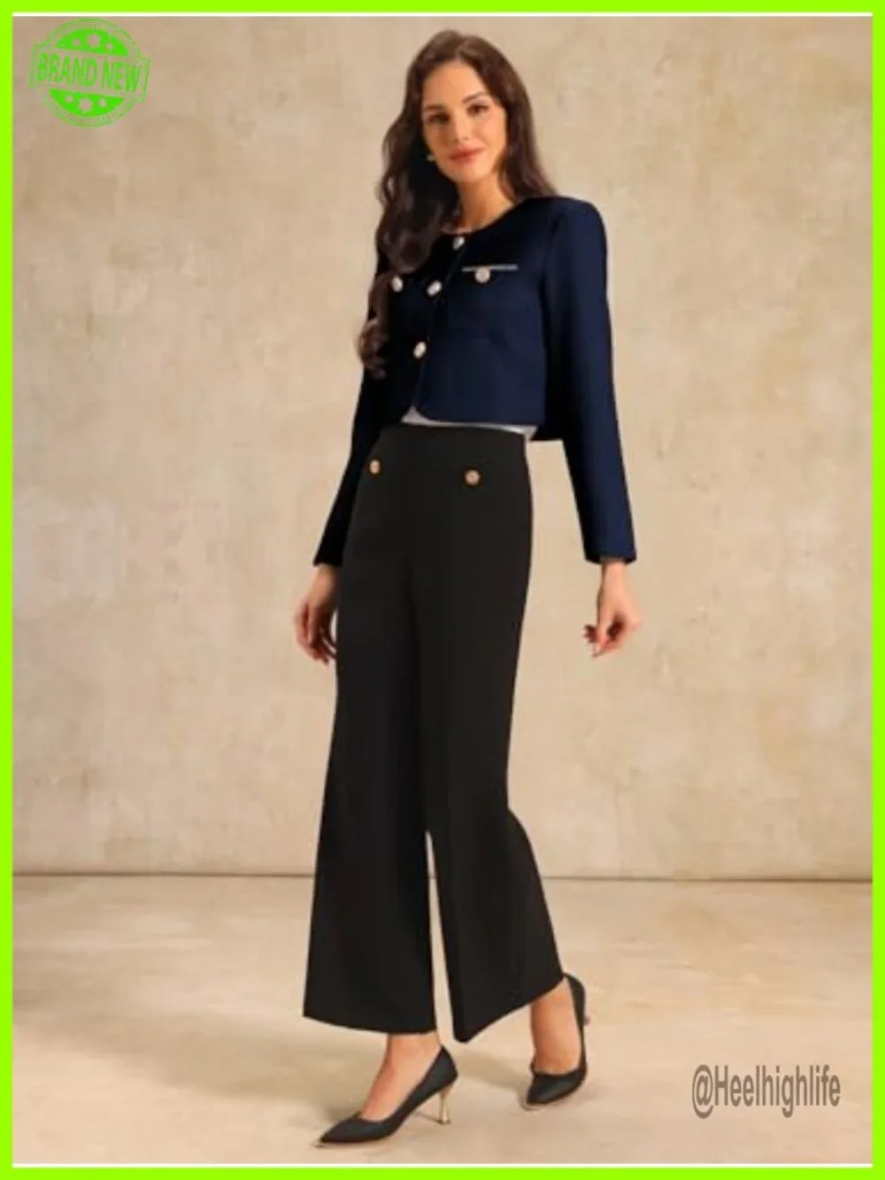 Tweed Cropped Blazer Crewneck Button Down Long Sleeve Work Office Jacket